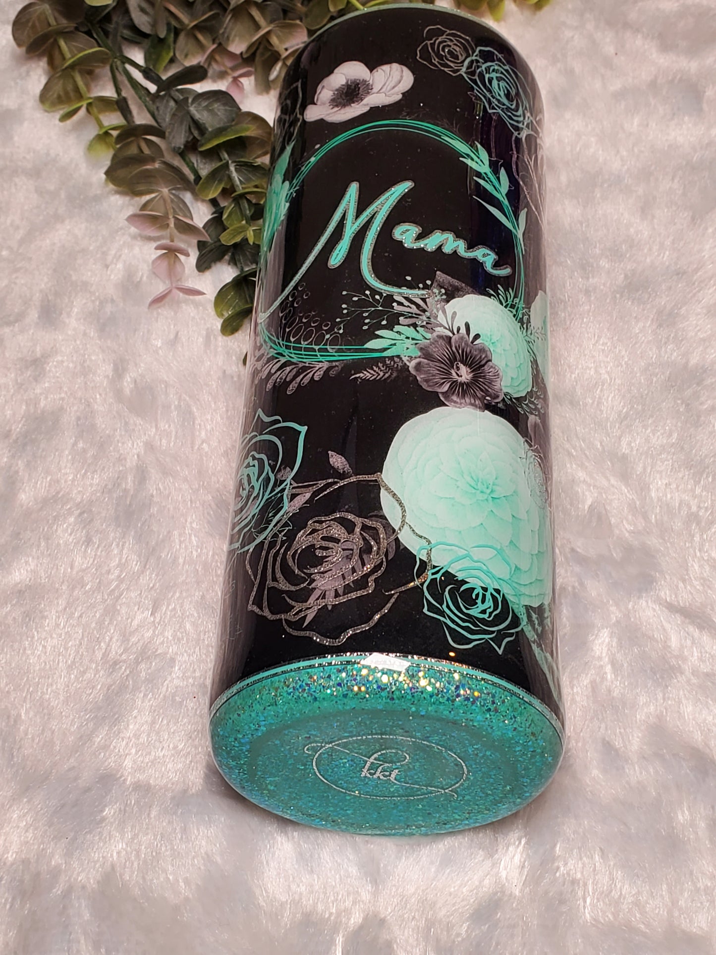 MAMA floral Custom Tumbler - 20 oz Skinny Straight - turquoise mint silver