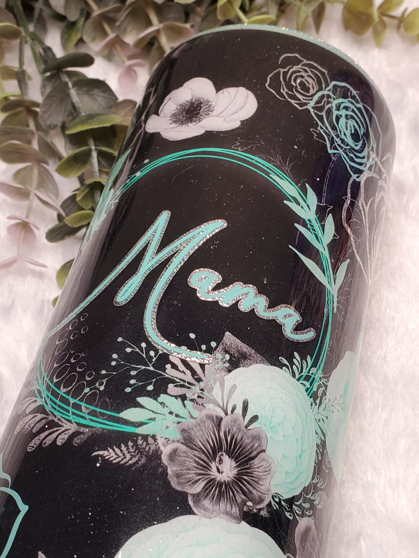 MAMA floral Custom Tumbler - 20 oz Skinny Straight - turquoise mint silver