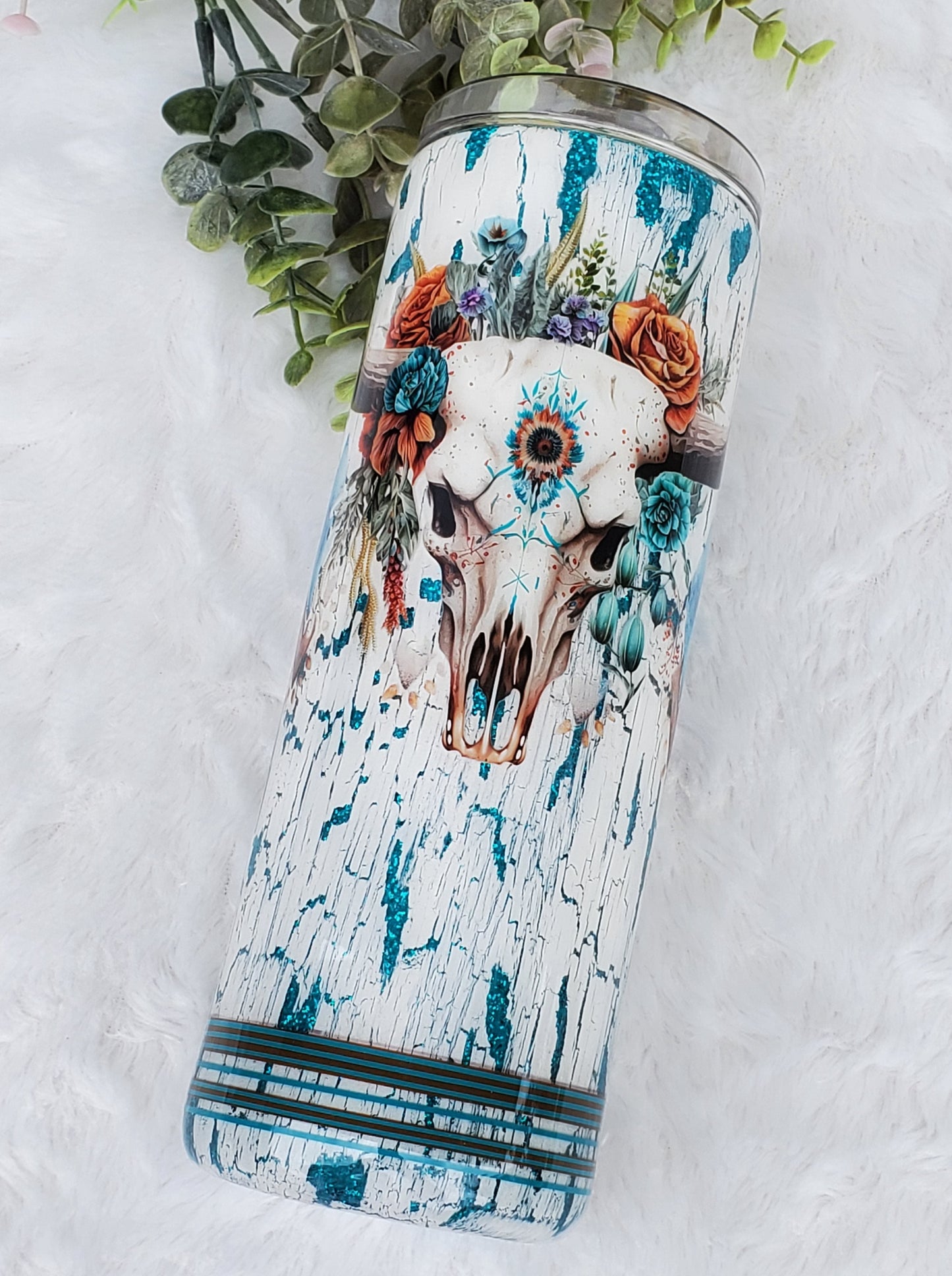 Western cow skull crackle distressed glitter Custom Tumbler - 20 oz Skinny Straight - turquoise