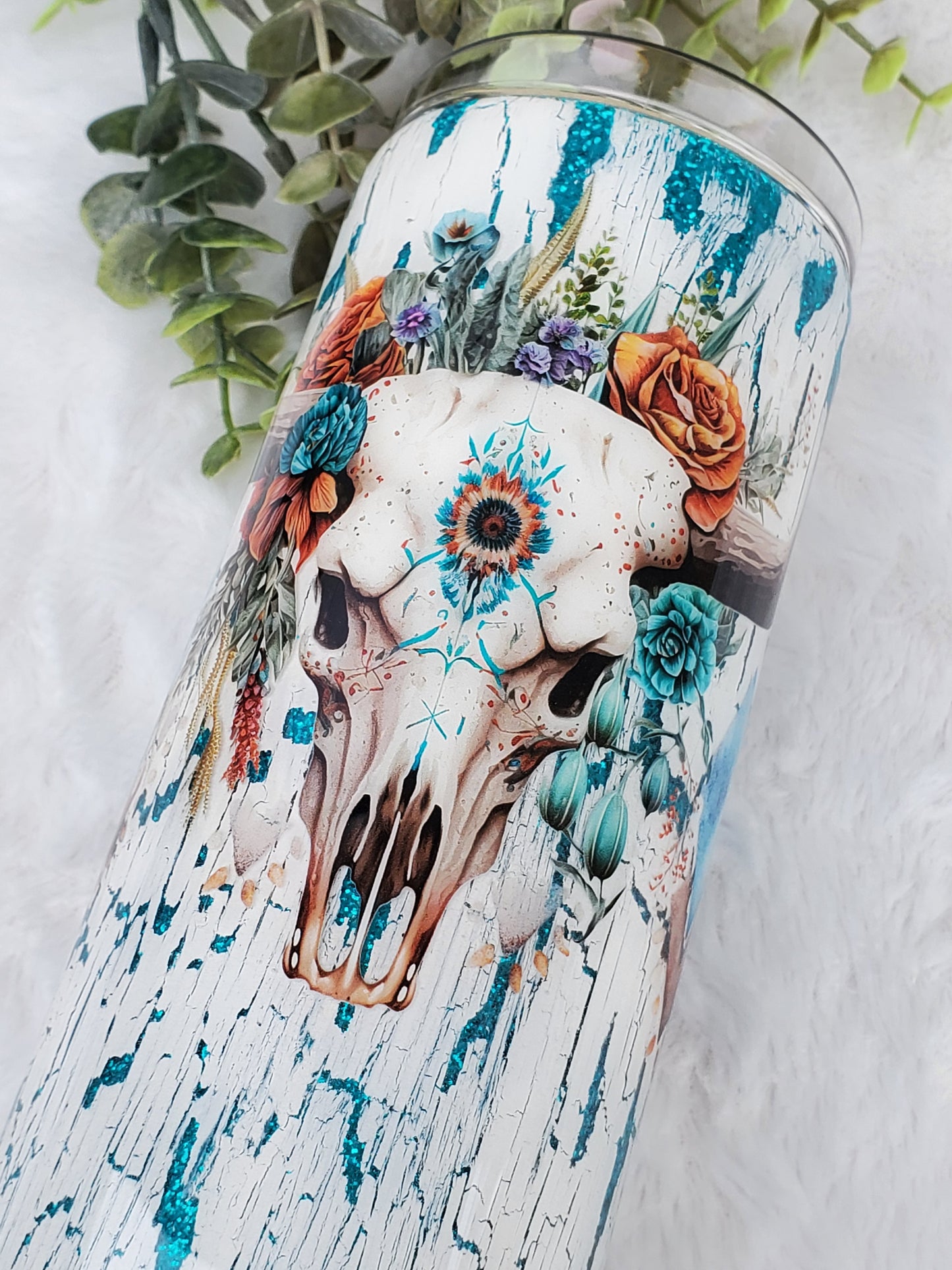 Western cow skull crackle distressed glitter Custom Tumbler - 20 oz Skinny Straight - turquoise