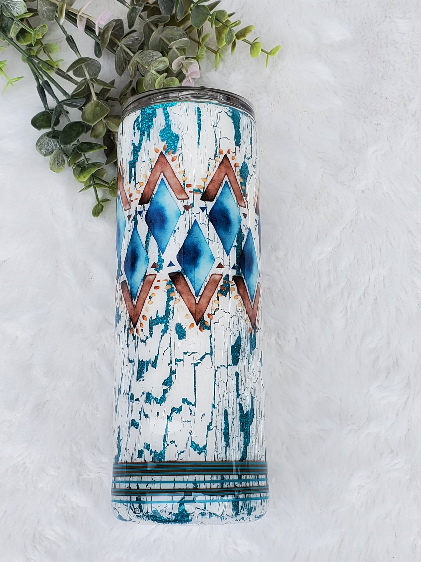 Western cow skull crackle distressed glitter Custom Tumbler - 20 oz Skinny Straight - turquoise