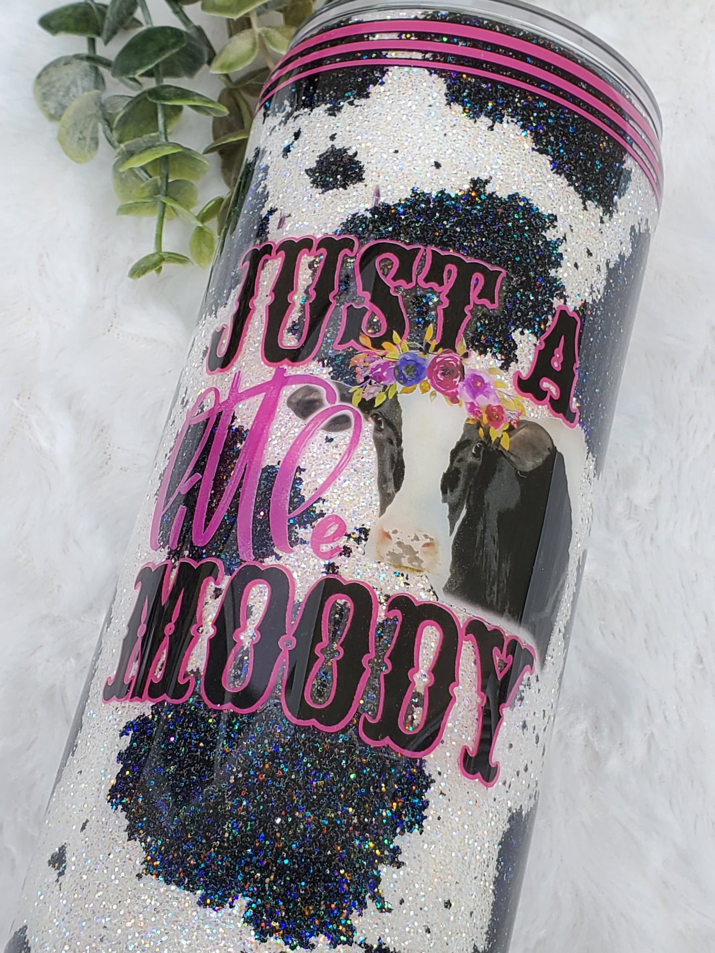 Cow spots Just a Little Moody glittered custom tumbler - 24 oz skinny plump - pink black