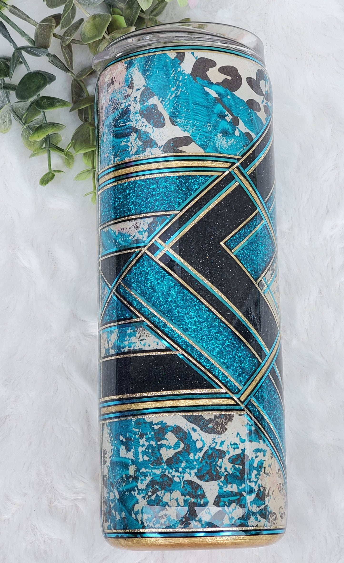 Template glitter Abstract Leopard Custom Tumbler - 20 oz Skinny Straight - Turquoise Black gold