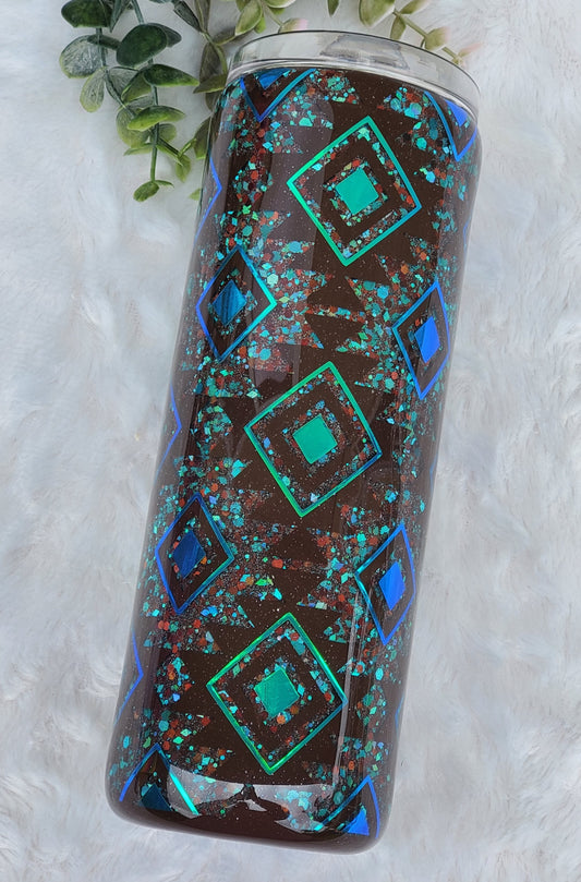 Southwestern Aztec Glitter Peekaboo Custom Tumbler - 20 oz Skinny Straight - Turquoise Brown