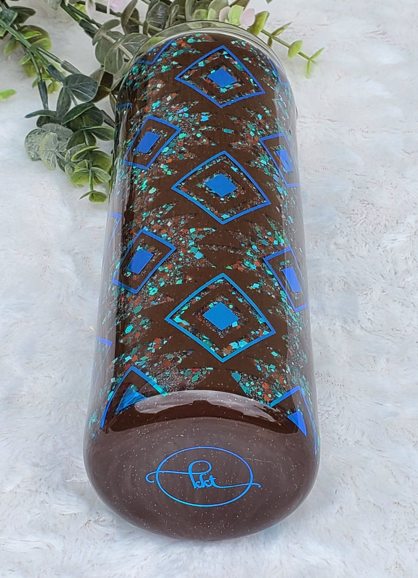 Southwestern Aztec Glitter Peekaboo Custom Tumbler - 20 oz Skinny Straight - Turquoise Brown