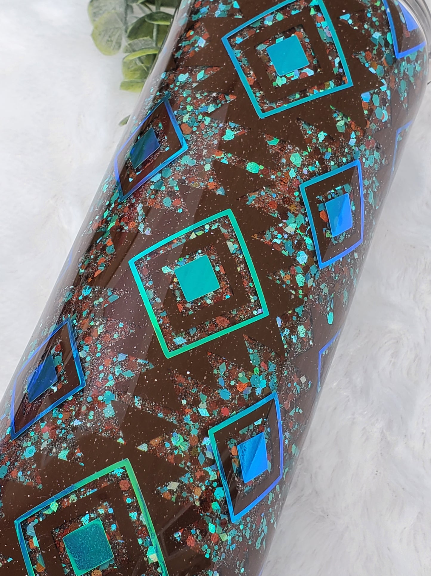 Southwestern Aztec Glitter Peekaboo Custom Tumbler - 20 oz Skinny Straight - Turquoise Brown