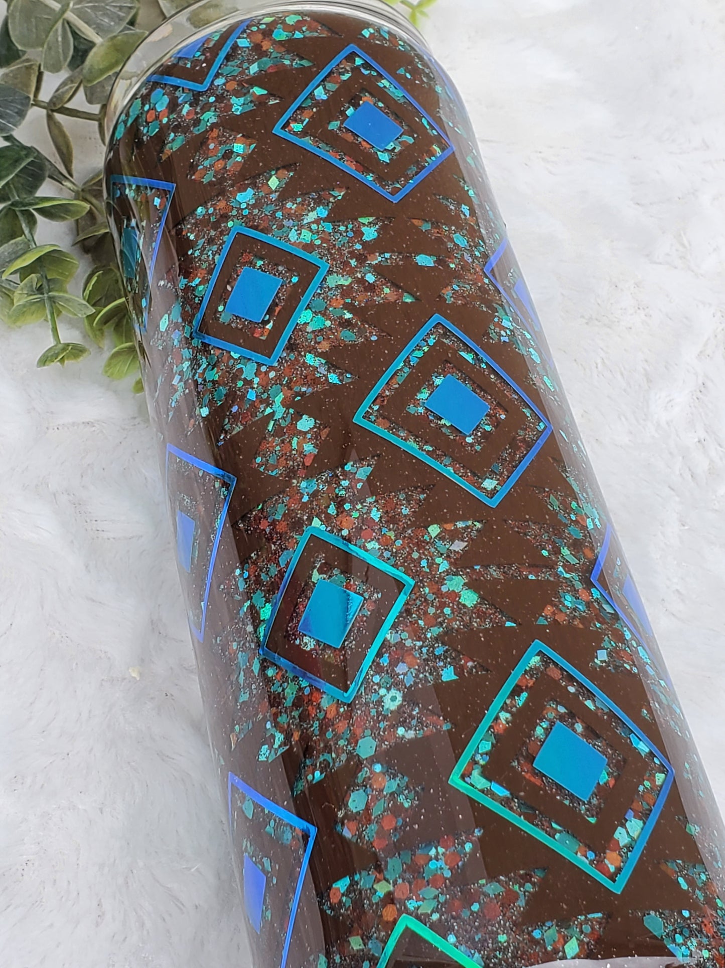 Southwestern Aztec Glitter Peekaboo Custom Tumbler - 20 oz Skinny Straight - Turquoise Brown