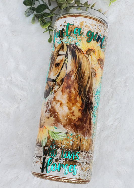 Just a Girl who loves Horses leopard Custom Tumbler - 20 oz Skinny Straight - turquoise gold