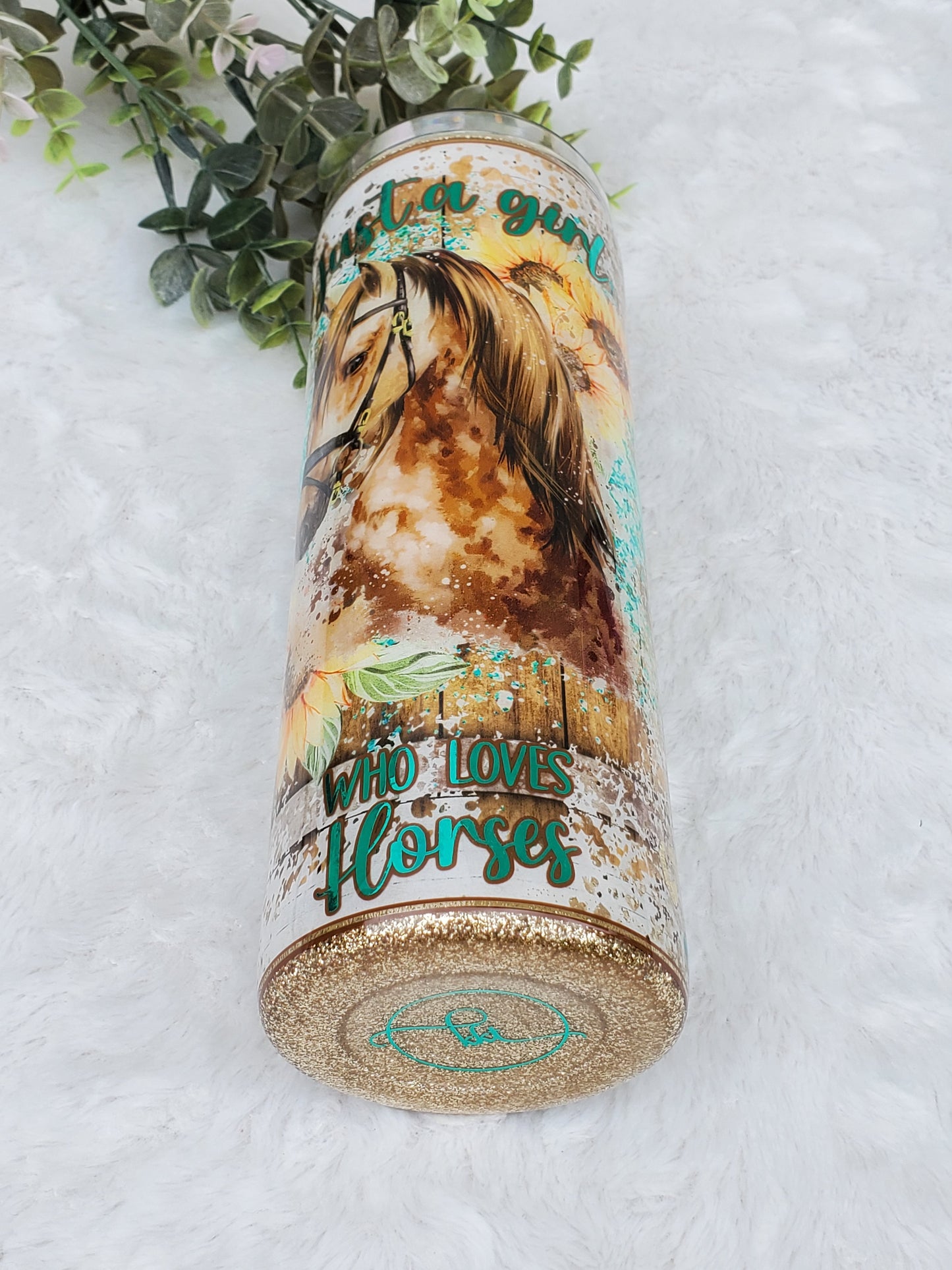 Just a Girl who loves Horses leopard Custom Tumbler - 20 oz Skinny Straight - turquoise gold