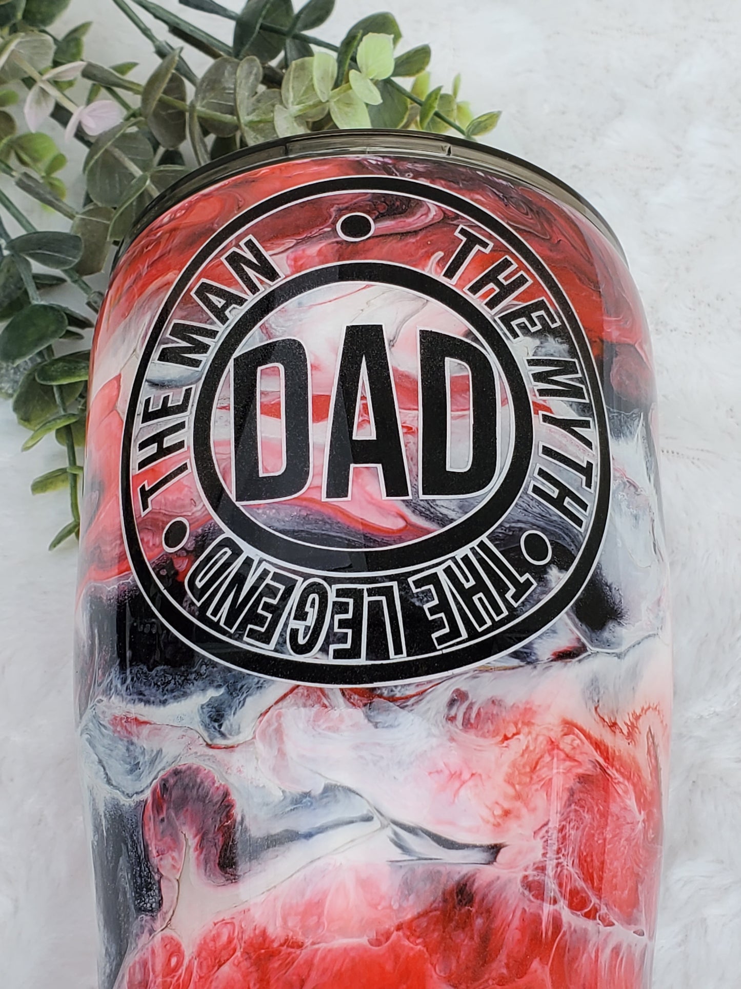 DAD Man Myth Legend Non Glitter Ink Swirl Custom Tumbler - 30 oz curve - black red white