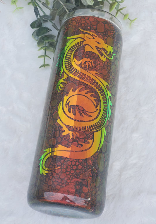 DRAGON scale chameleon color shifting Custom Tumbler - 20 oz Skinny Straight - orange red yellow green