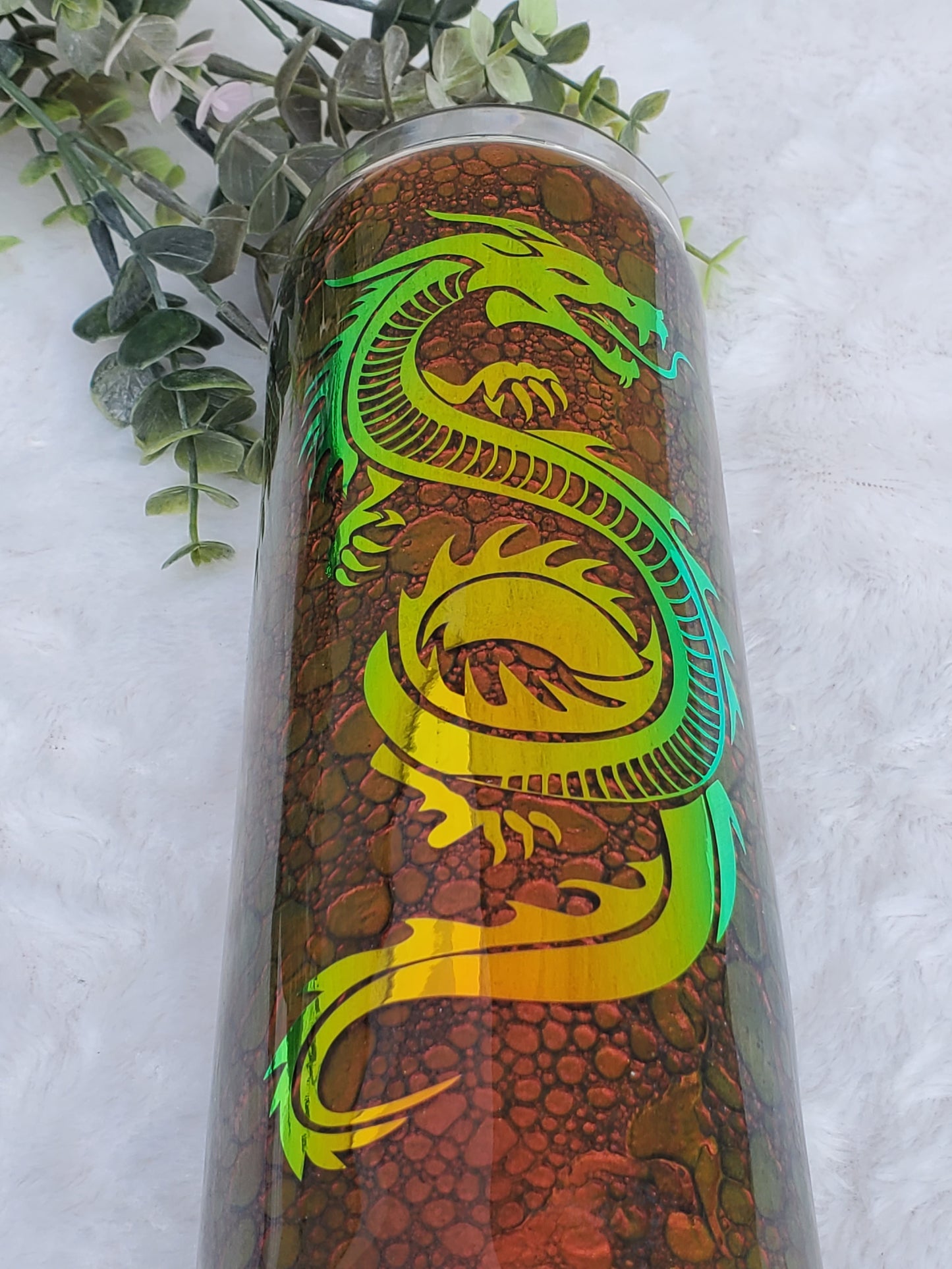 DRAGON scale chameleon color shifting Custom Tumbler - 20 oz Skinny Straight - orange red yellow green