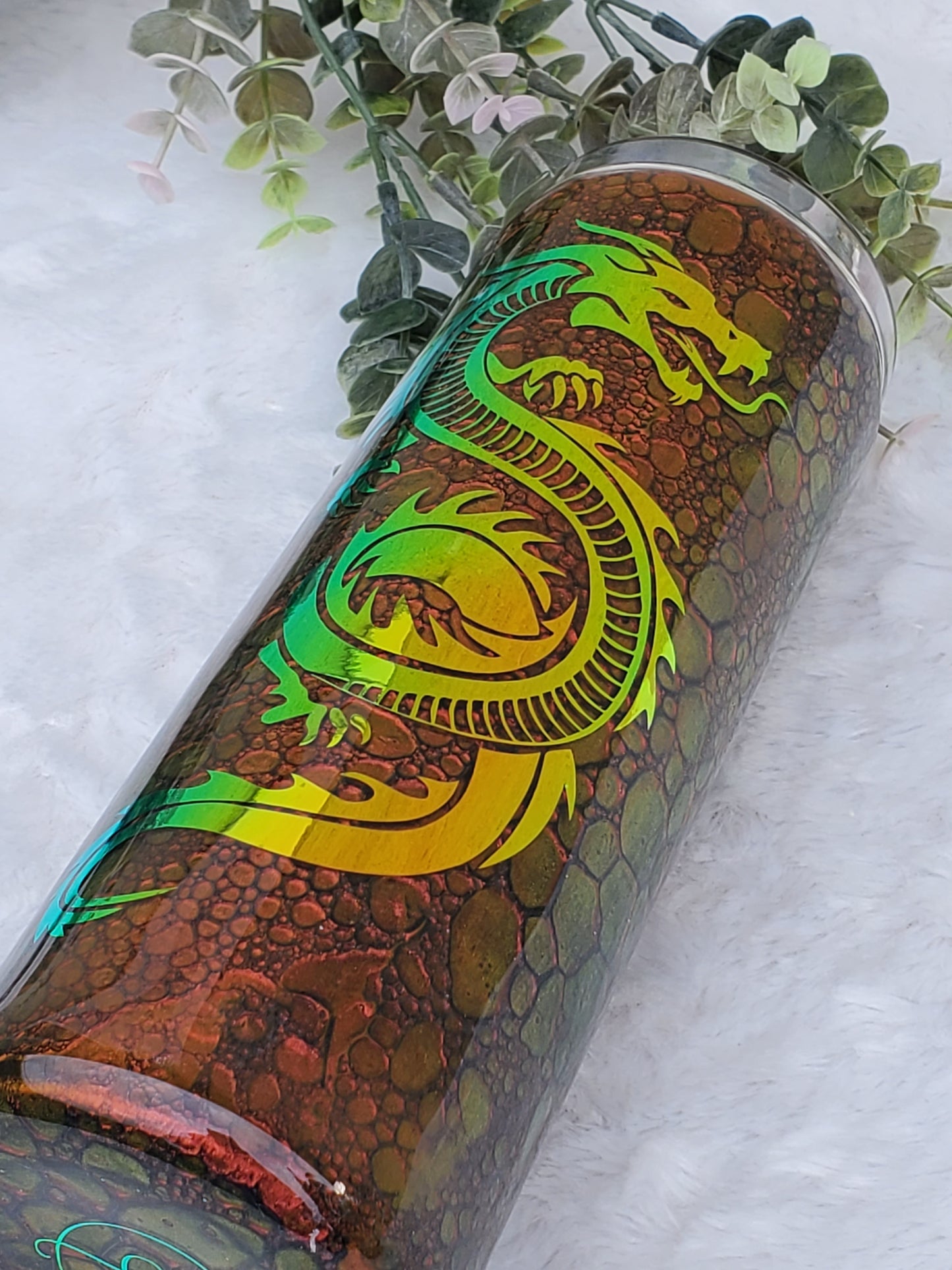 DRAGON scale chameleon color shifting Custom Tumbler - 20 oz Skinny Straight - orange red yellow green