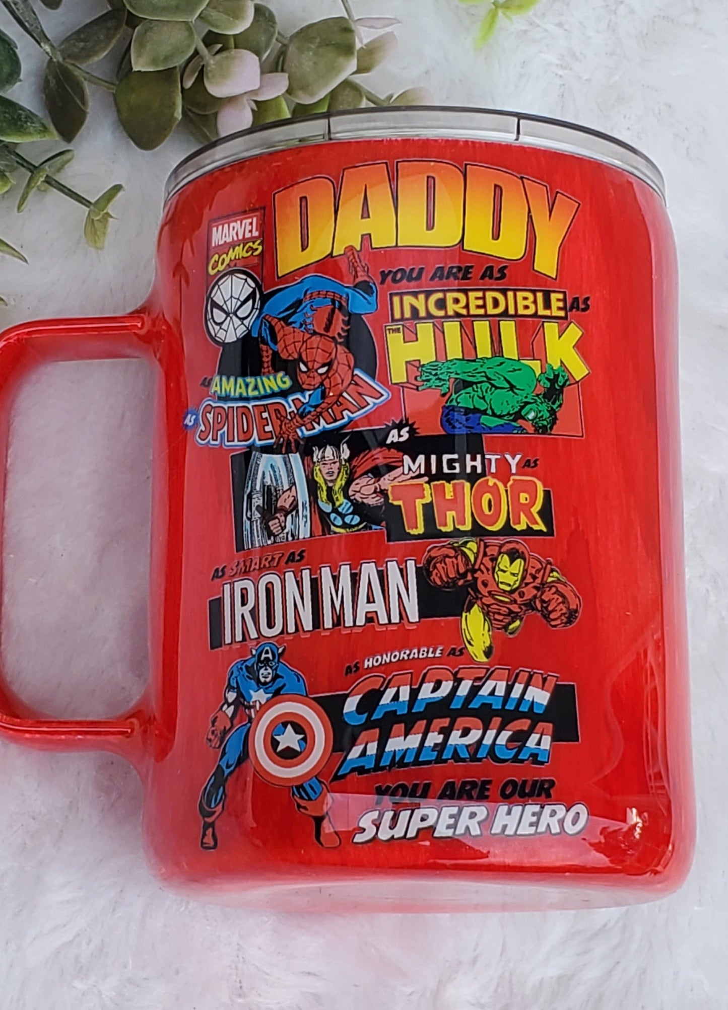 DADDY You are Marvel Comic Custom Tumbler Coffee Mug- 12 oz straight coffee mug - red woodgrain