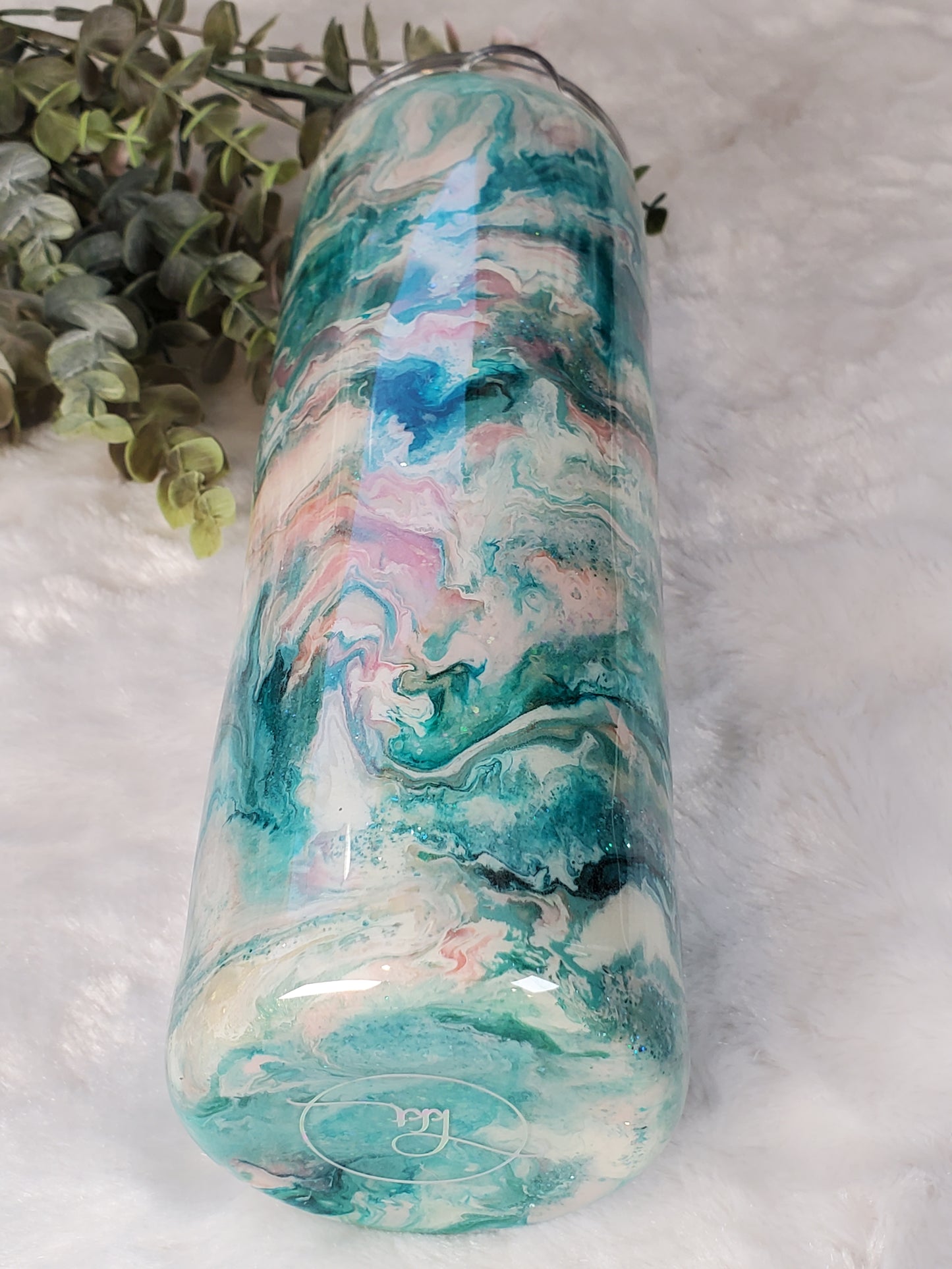 Camping Alcohol Ink Pigment Swirl Glitter Custom Tumbler - 30 oz Skinny Taper - turquoise pink