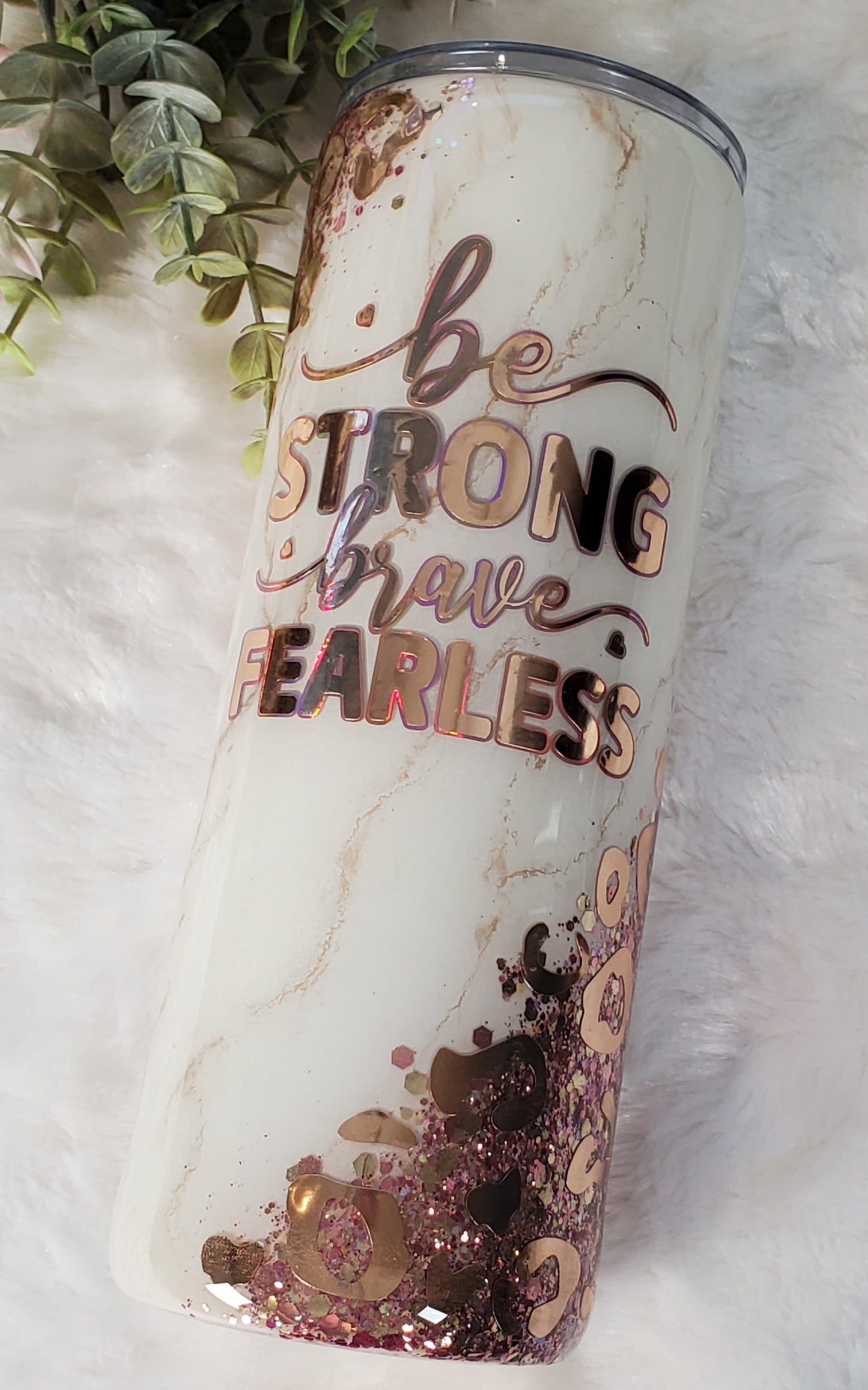 Be Strong brave fearless marble leopard custom tumbler - 24 oz skinny plump - rose gold