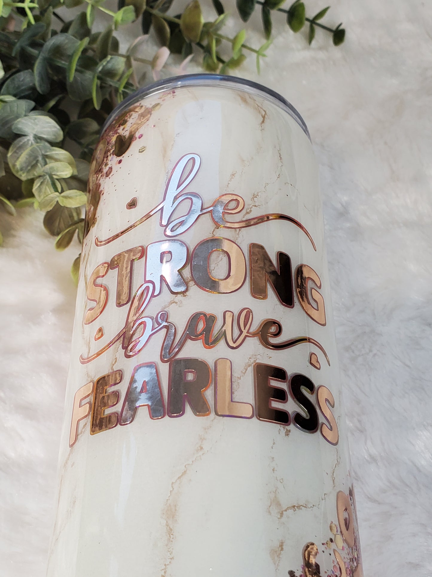 Be Strong brave fearless marble leopard custom tumbler - 24 oz skinny plump - rose gold