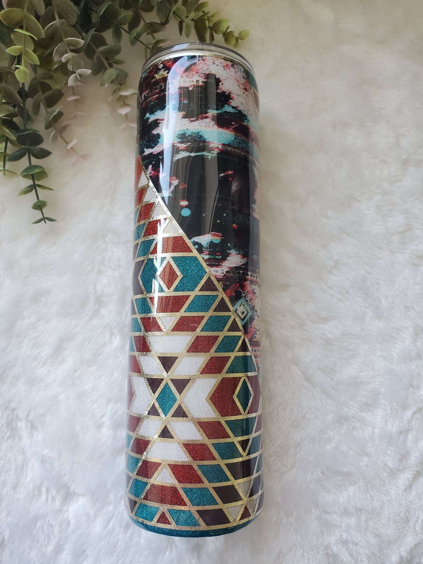 Southwestern Template Glitter Custom Tumbler - 32 oz skinny - turquoise brown white