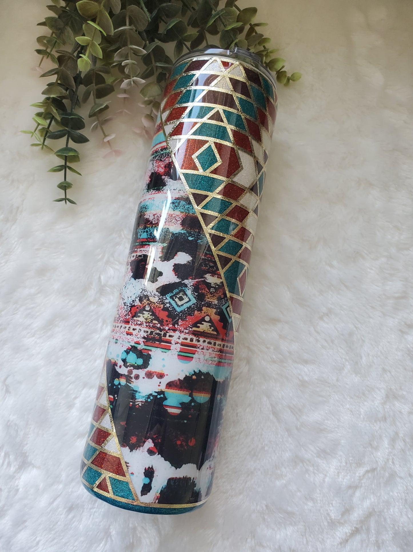 Southwestern Template Glitter Custom Tumbler - 32 oz skinny - turquoise brown white