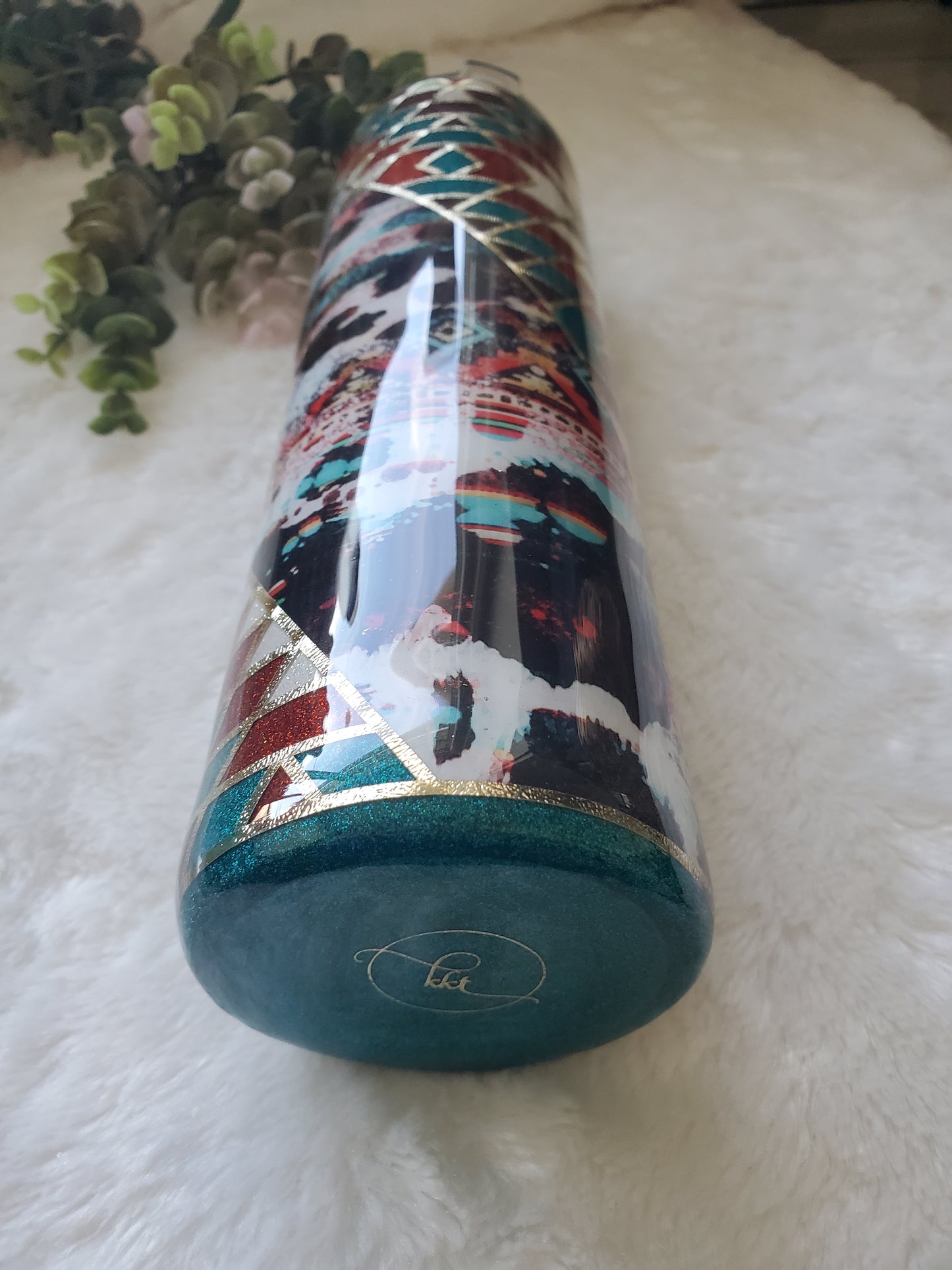 Southwestern Template Glitter Custom Tumbler - 32 oz skinny - turquoise brown white