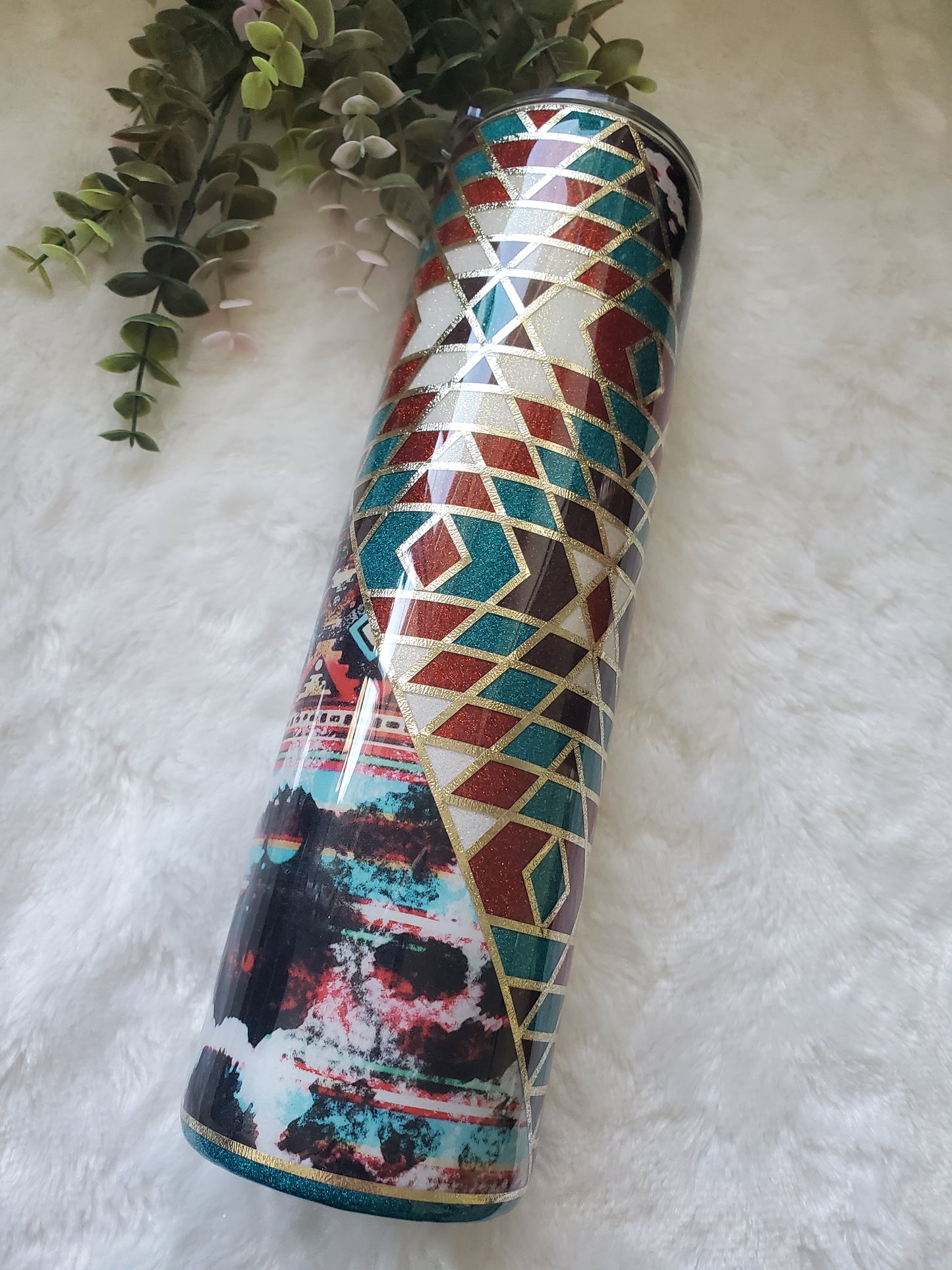 Southwestern Template Glitter Custom Tumbler - 32 oz skinny - turquoise brown white