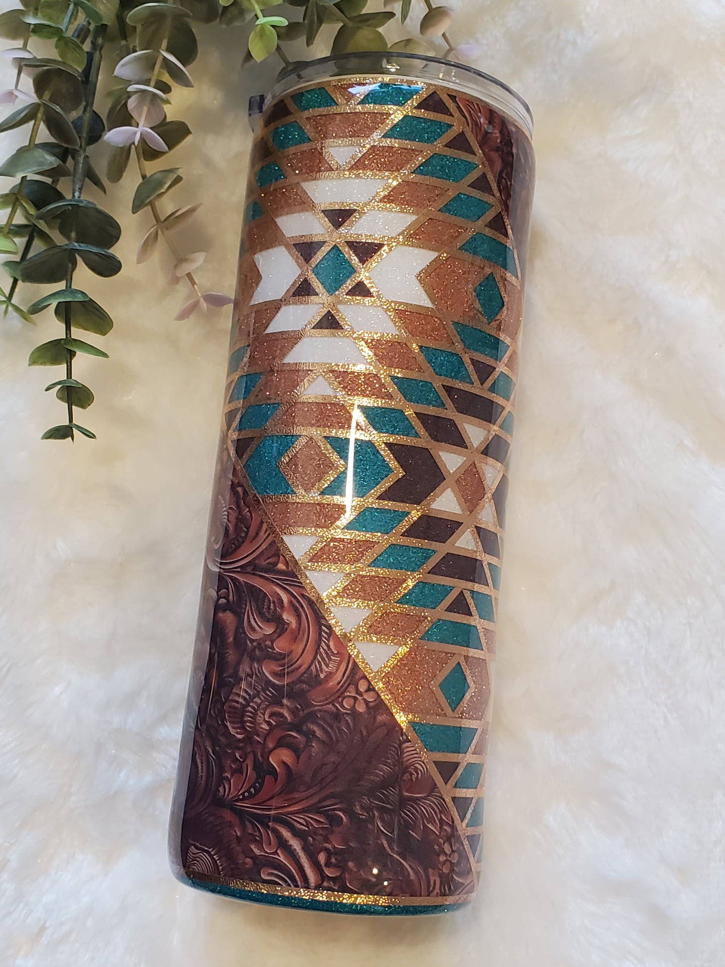 Western template tooled leather Glitter Custom Tumbler - 24 oz Skinny - turquoise gold brown white