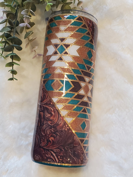 Western template tooled leather Glitter Custom Tumbler - 24 oz Skinny - turquoise gold brown white