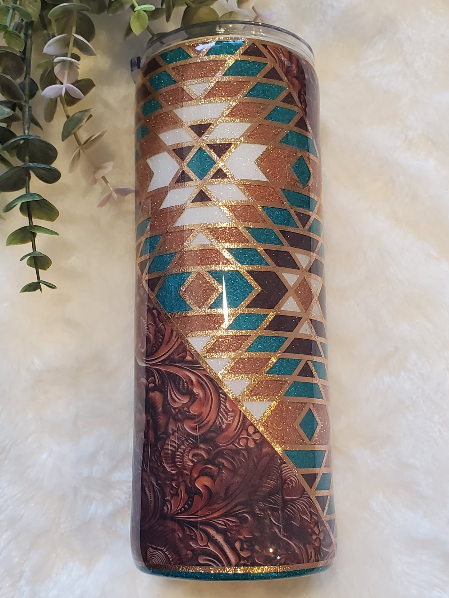 Western template tooled leather Glitter Custom Tumbler - 24 oz Skinny - turquoise gold brown white