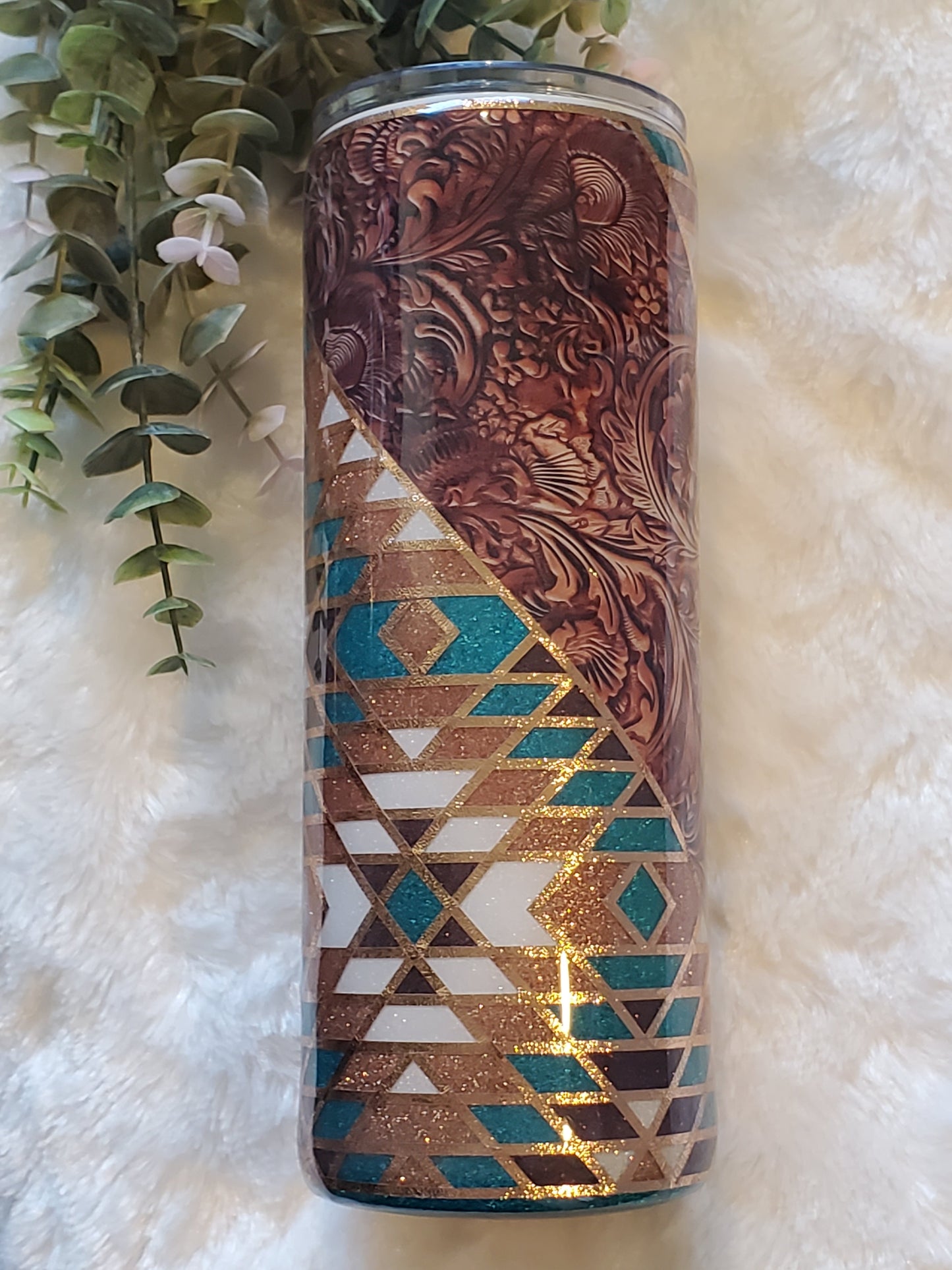Western template tooled leather Glitter Custom Tumbler - 24 oz Skinny - turquoise gold brown white