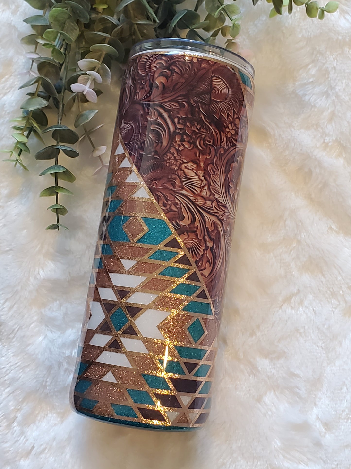 Western template tooled leather Glitter Custom Tumbler - 24 oz Skinny - turquoise gold brown white