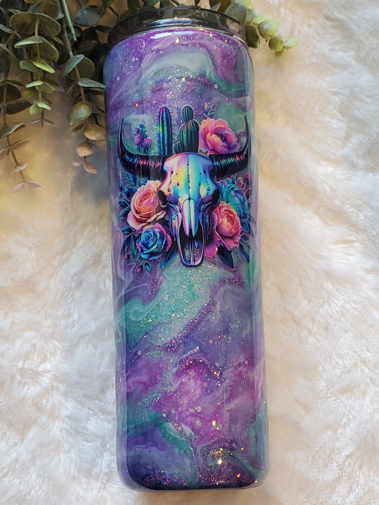 Cow skull glitter ink swirl Custom Tumbler - 30 oz Skinny Taper - pink blue purple