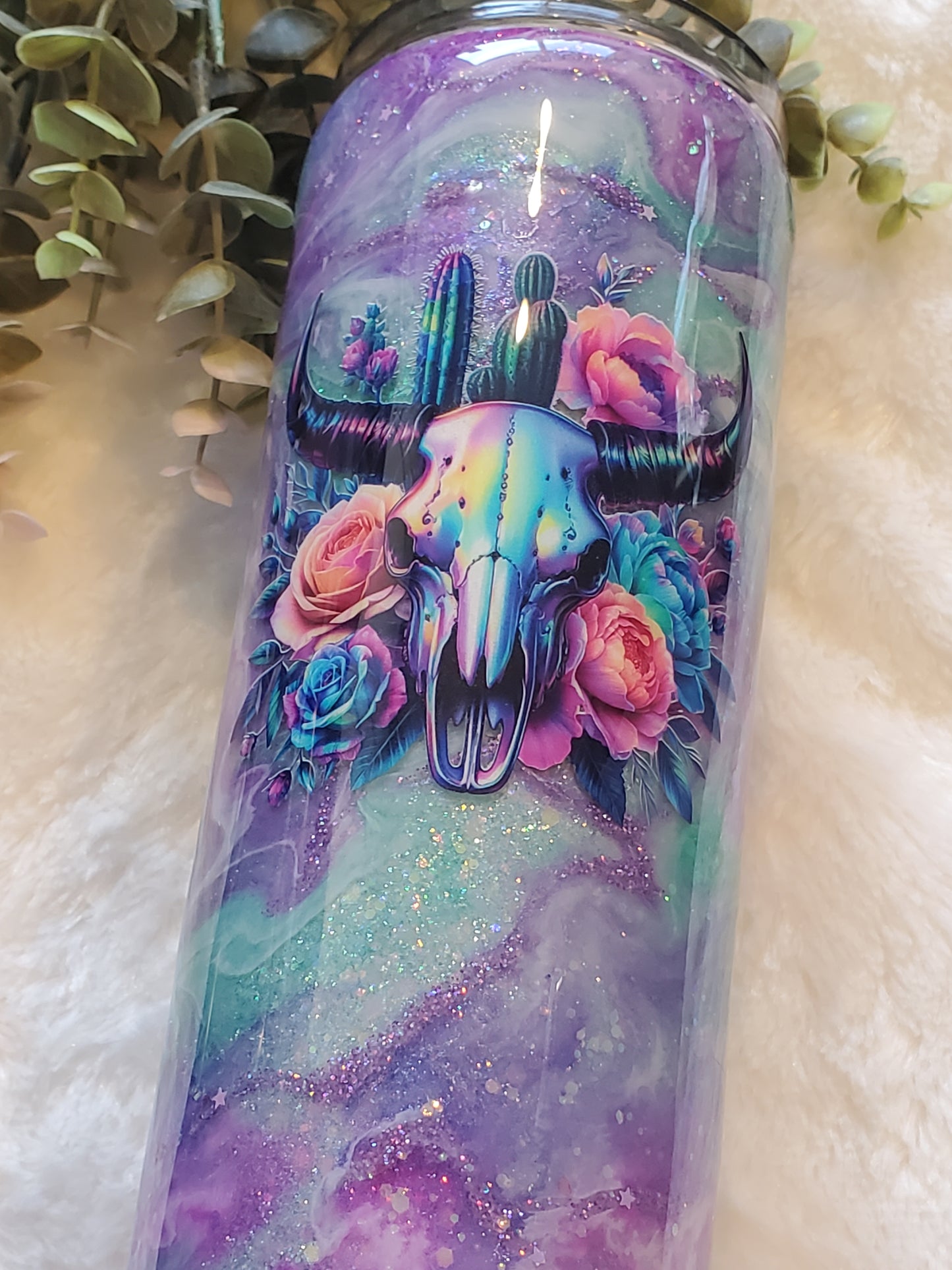 Cow skull glitter ink swirl Custom Tumbler - 30 oz Skinny Taper - pink blue purple