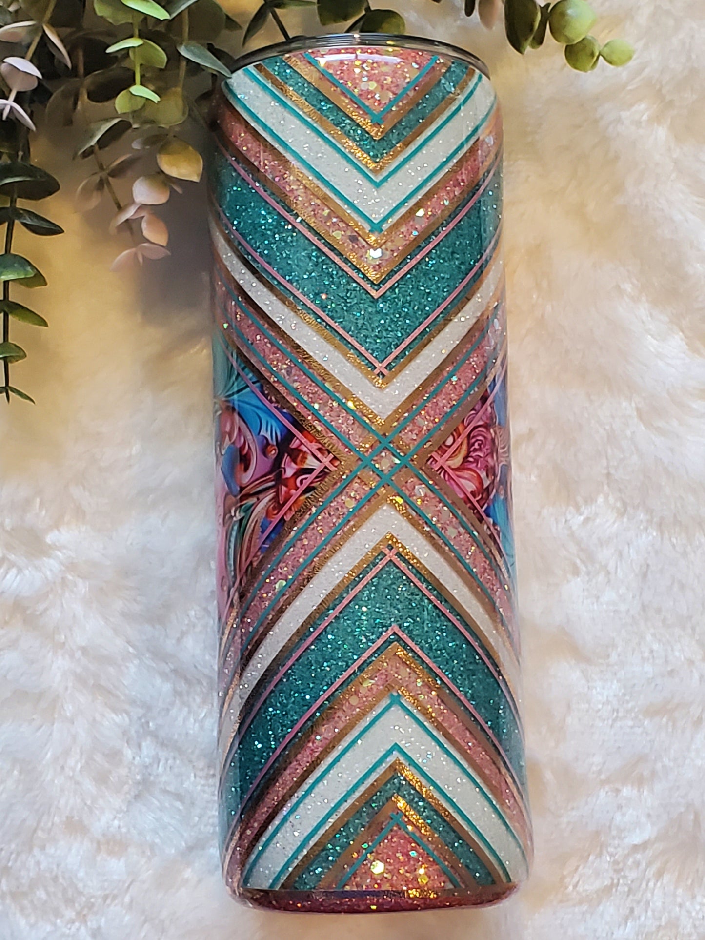 Abstract Glitter Vinyl Custom Tumbler - 20 oz Skinny Straight - pink blue white