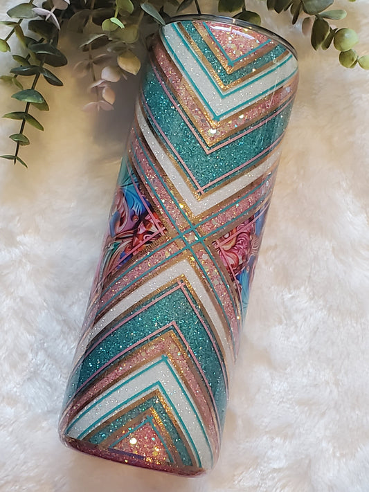Abstract Glitter Vinyl Custom Tumbler - 20 oz Skinny Straight - pink blue white