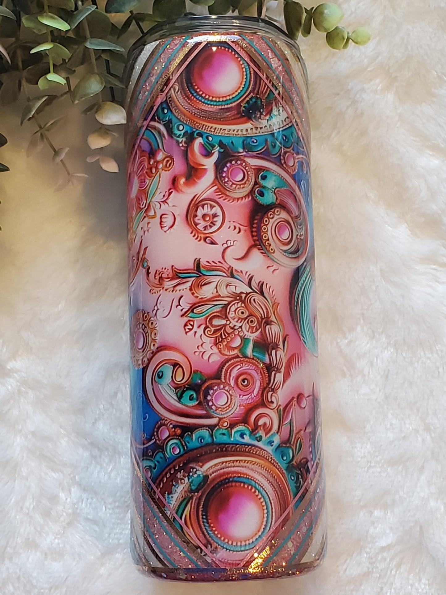 Abstract Glitter Vinyl Custom Tumbler - 20 oz Skinny Straight - pink blue white