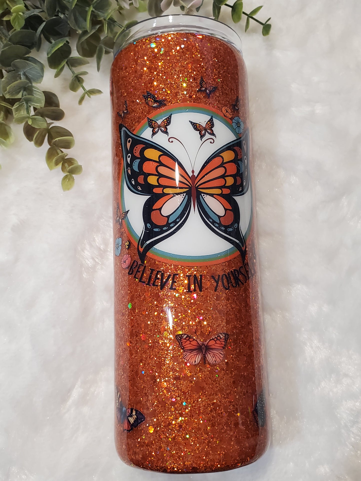 Believe in Yourself Butterfly Glitter Custom Tumbler - 20 oz Skinny Straight - orange
