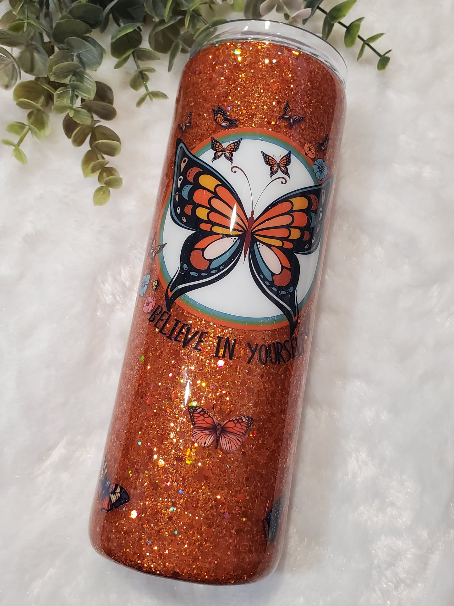 Believe in Yourself Butterfly Glitter Custom Tumbler - 20 oz Skinny Straight - orange