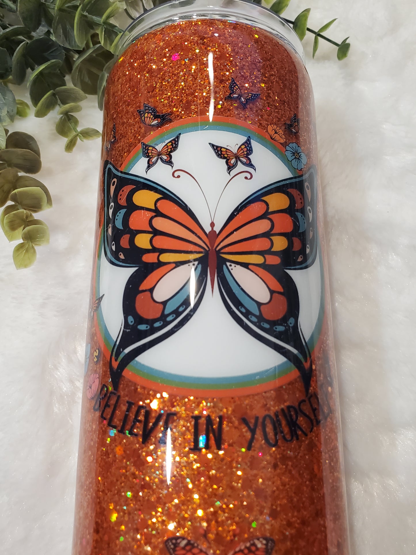 Believe in Yourself Butterfly Glitter Custom Tumbler - 20 oz Skinny Straight - orange