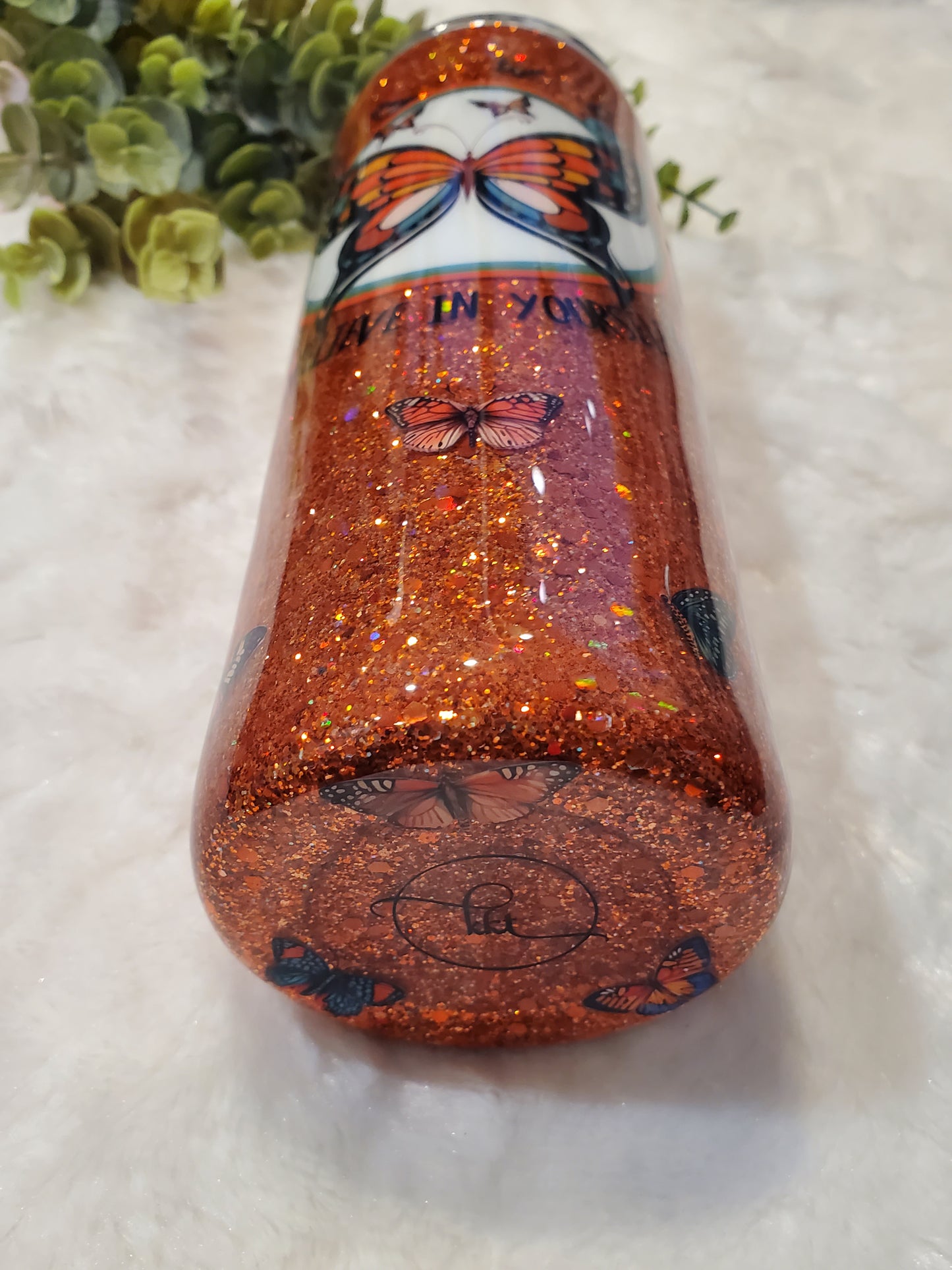 Believe in Yourself Butterfly Glitter Custom Tumbler - 20 oz Skinny Straight - orange