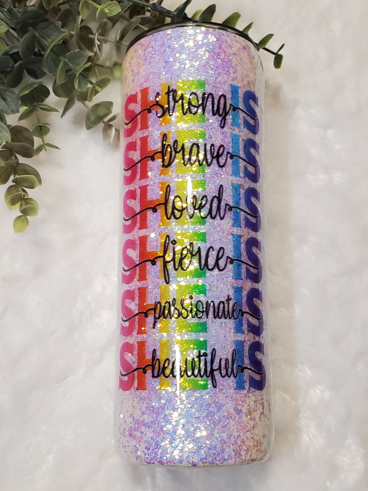 She is Strong Glitter Custom Tumbler - 20 oz Skinny Straight - white
