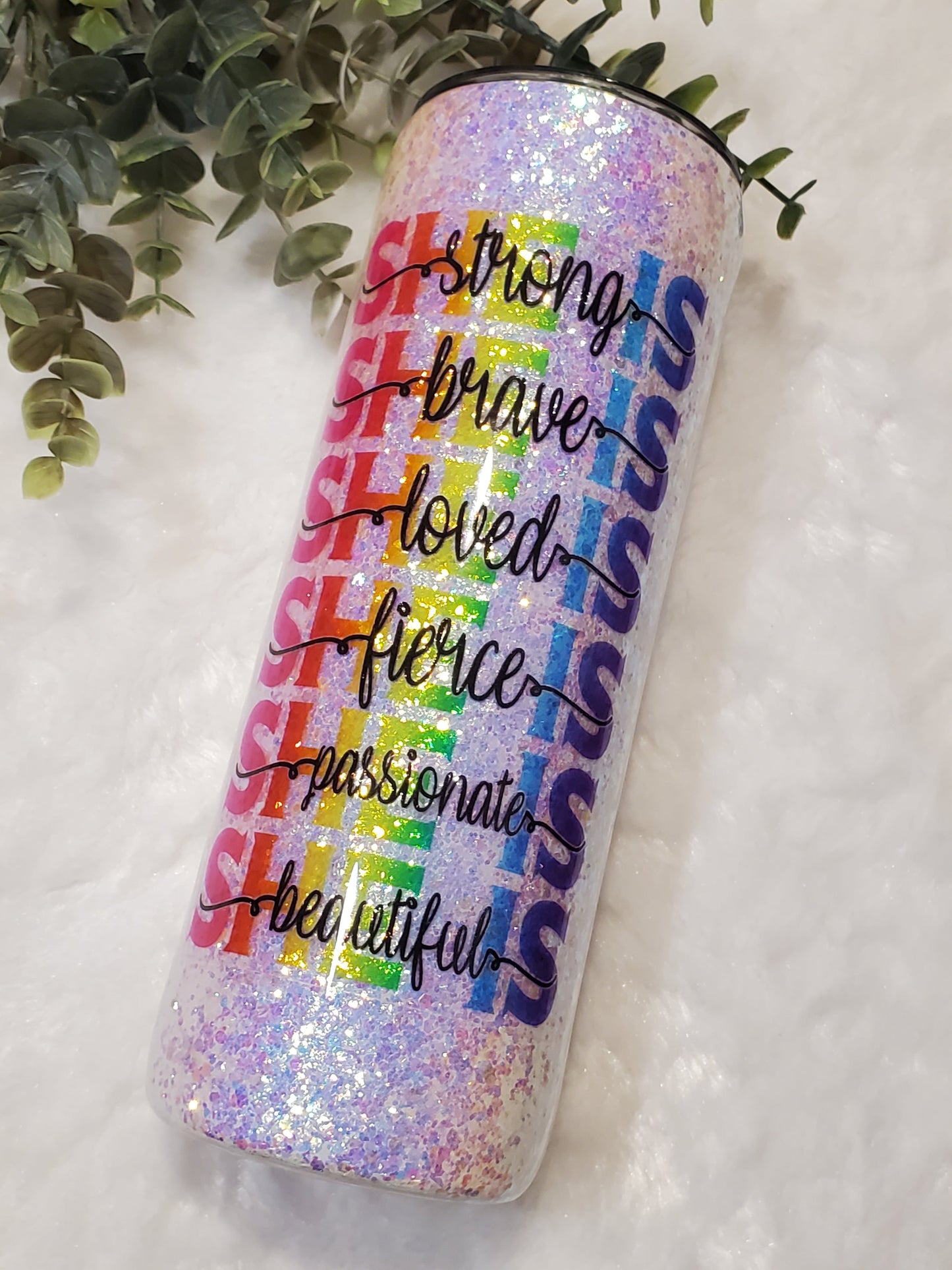She is Strong Glitter Custom Tumbler - 20 oz Skinny Straight - white