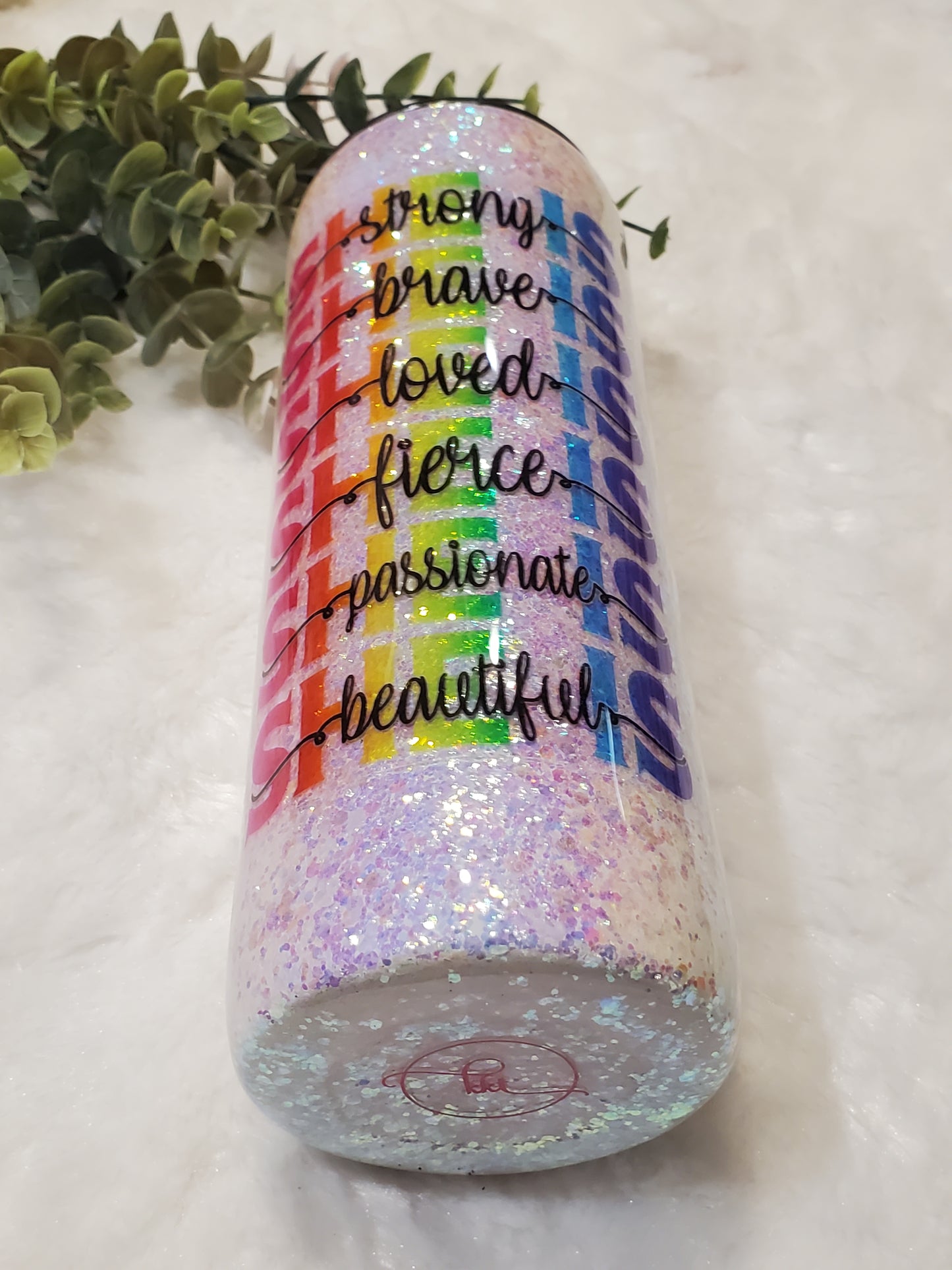She is Strong Glitter Custom Tumbler - 20 oz Skinny Straight - white