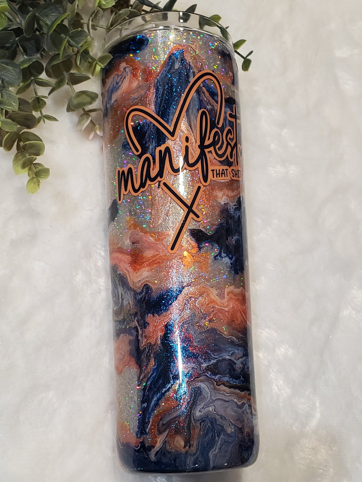 Manifest that Shit Ink swirl Foil Custom Tumbler - 30 oz Skinny Taper - blue coral silver