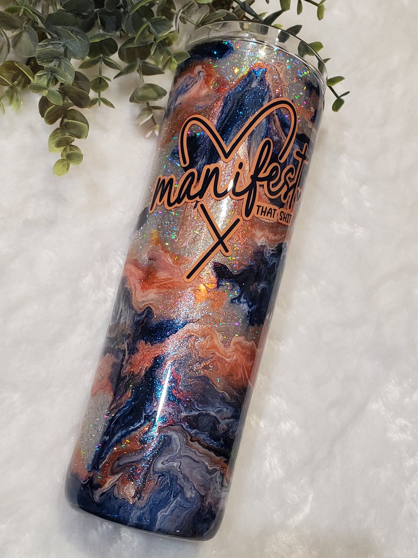 Manifest that Shit Ink swirl Foil Custom Tumbler - 30 oz Skinny Taper - blue coral silver