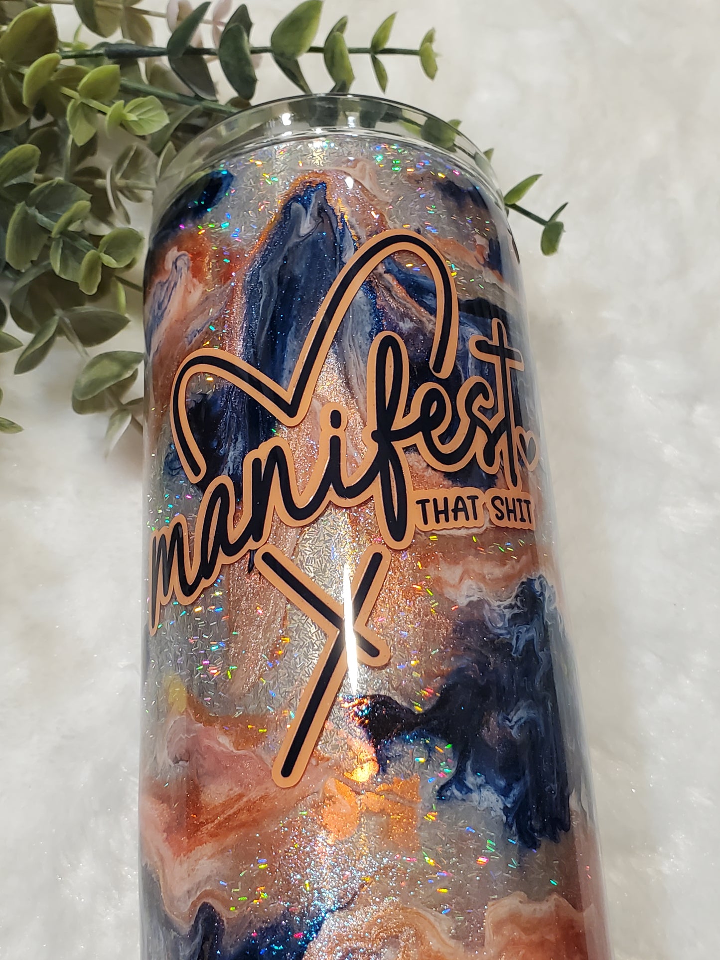 Manifest that Shit Ink swirl Foil Custom Tumbler - 30 oz Skinny Taper - blue coral silver