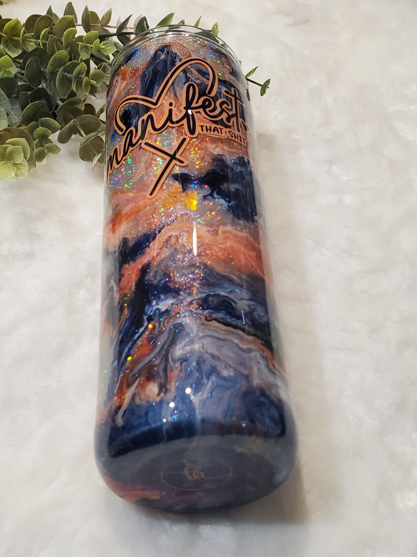 Manifest that Shit Ink swirl Foil Custom Tumbler - 30 oz Skinny Taper - blue coral silver