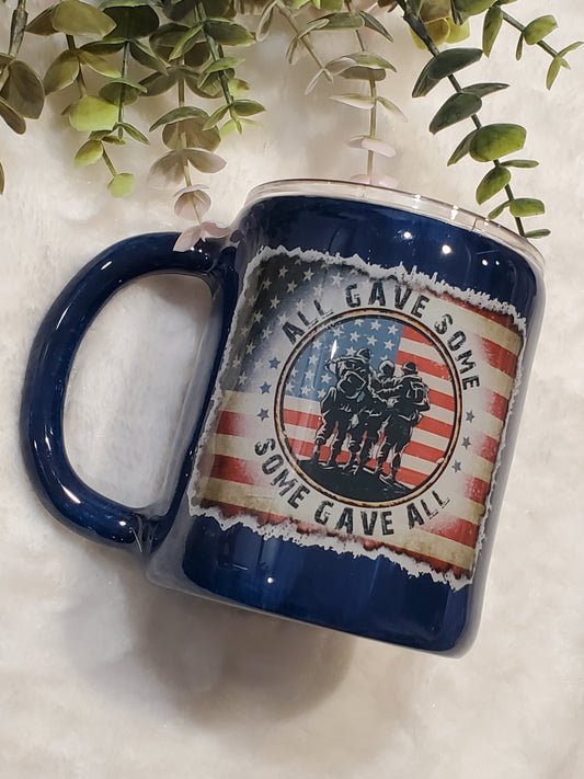 All Gave Some Some Gave All Flag Soldier Woodgrain Non Glitter Tumbler - 12 oz coffee mug - Red/White/Blue