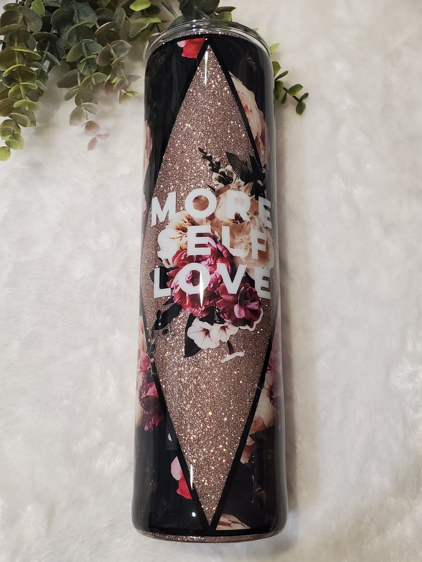 MORE Self Love floral Glitter Custom Tumbler - 32 oz skinny - maroon peach