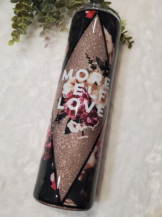 MORE Self Love floral Glitter Custom Tumbler - 32 oz skinny - maroon peach