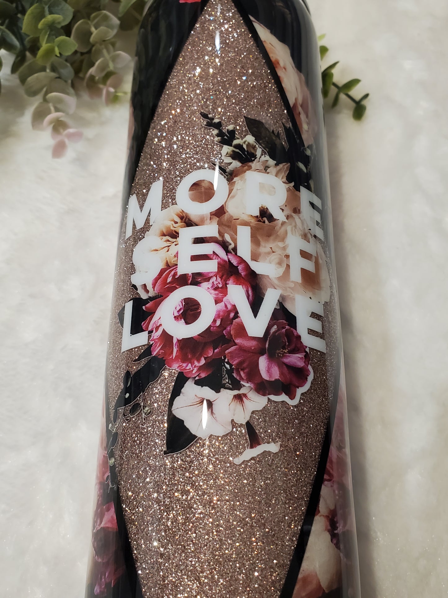 MORE Self Love floral Glitter Custom Tumbler - 32 oz skinny - maroon peach